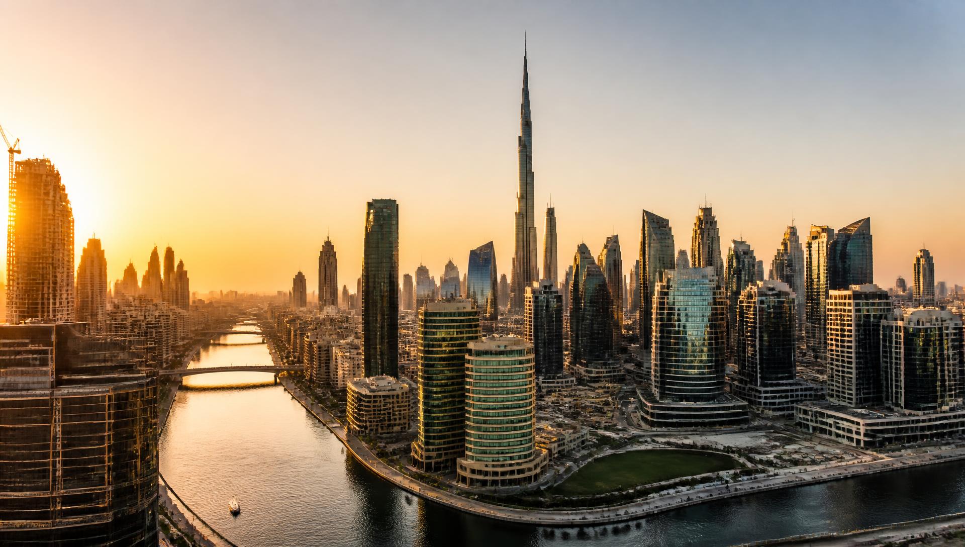 Dubai skyline at golden hour with Business Bay and Downtown Dubai